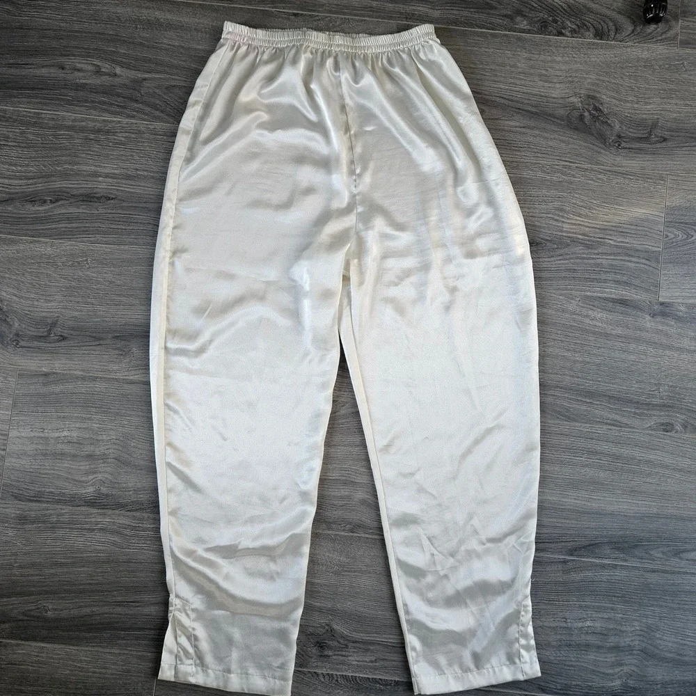 Vintage Victorias Secret Gold Label Pajama 2 Pc Set Ivory Satin Floral Stripe M - Picture 9 of 14